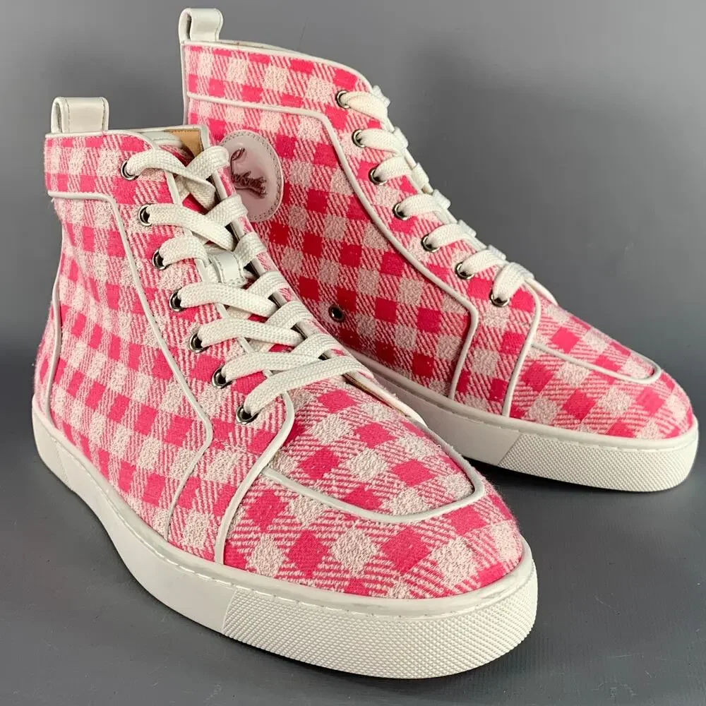CHRISTIAN LOUBOUTIN Size 9 Pink White Checkered Fabric High Top Sneakers